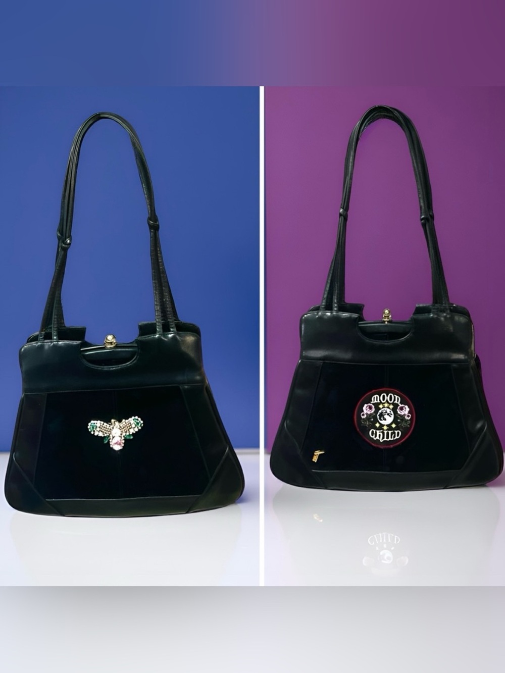 Vintage Black Leather/Velvet Purse ♥︎ Celestial Moon Patch & Rhinestone Bee